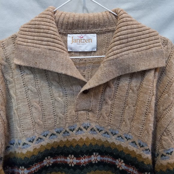 Vintage 1970's Jantzen Collared Single Button Sweater Fair Isle Nordic XL T-347 - Picture 7 of 13